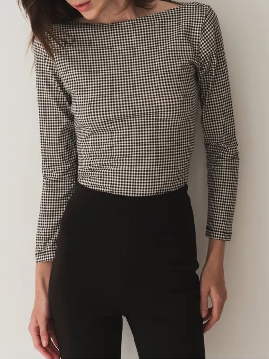 Doen Tops - Doen Black & White Gingham Boatneck Long Sleeve Top